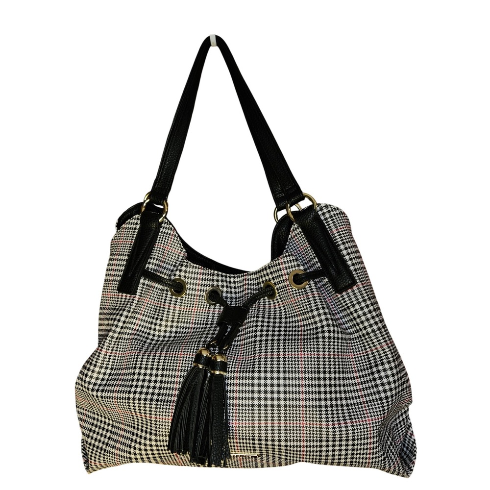 Liz Claiborne Shoulder Bag Women Large Glen Plaid Black White Tassel Hobo New